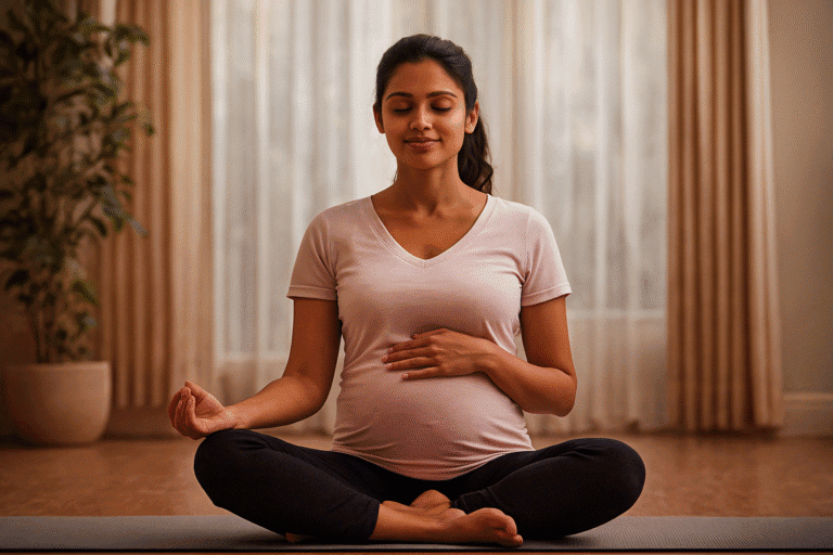Pregnant woman practicing prenatal yoga meditation – Prenatal Yoga Benefits