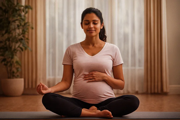 Pregnant woman practicing prenatal yoga breathing for relaxation — doctor-guided pregnancy yoga benefits