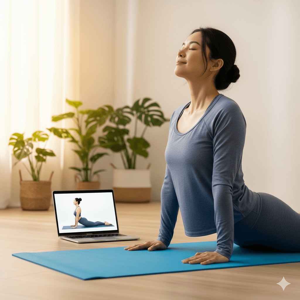 Woman practicing Bhujangasana (Cobra Pose) on a yoga mat while attending an online Pre-Conception Yoga class on her laptop