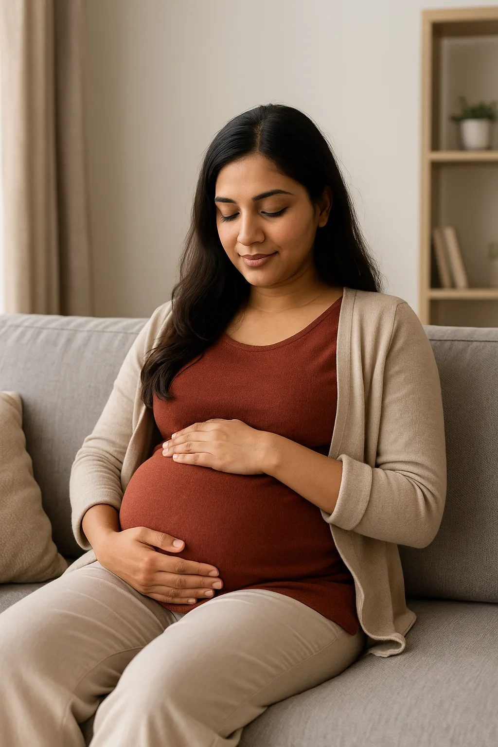 Pregnant woman staying calm indoors during an eclipse
