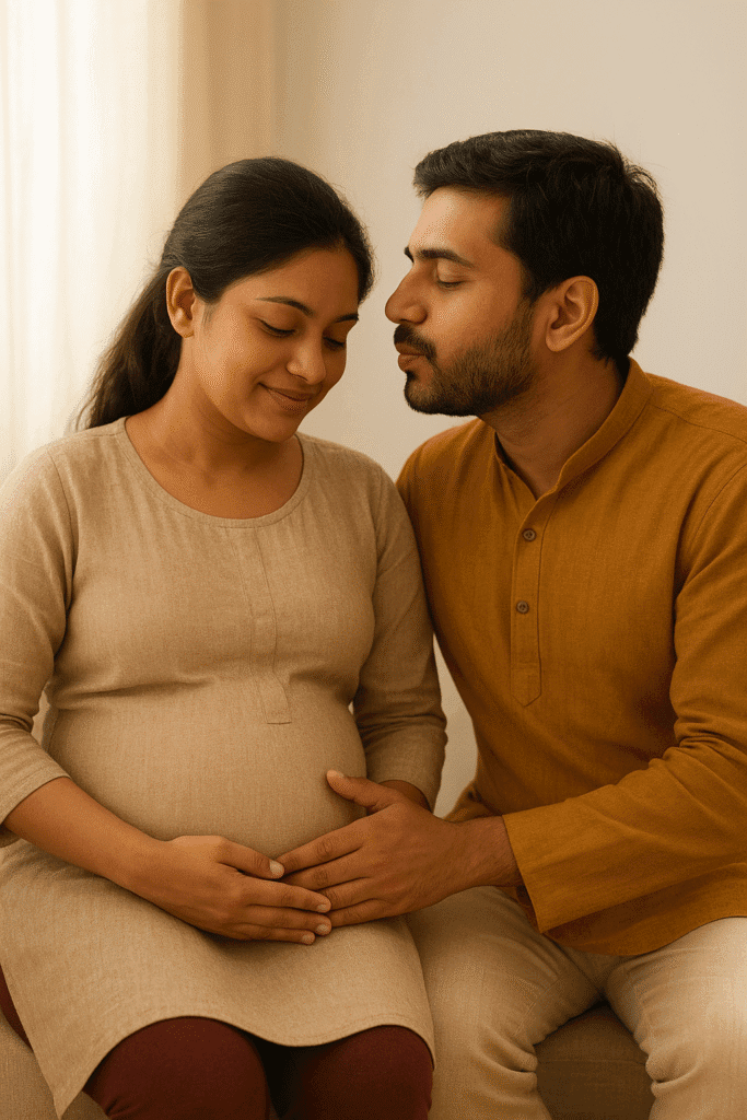 couple connecting through gentle touch during pregnancy as part of Garbh Sanskar bonding