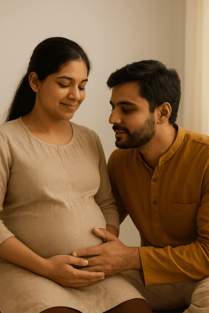 Husband gently talking to his pregnant wife’s belly – Partner’s role in Garbh Sanskar