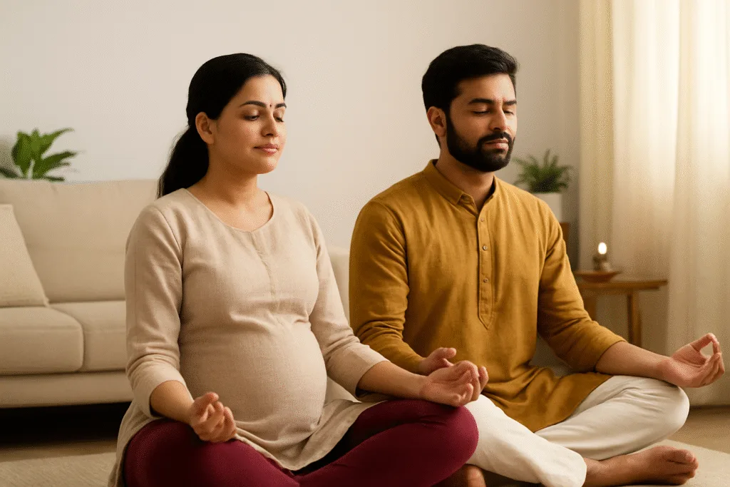 Indian couple meditating together at home representing partner’s role in Garbh Sanskar during pregnancy – Dr. Shital Bankar Pune