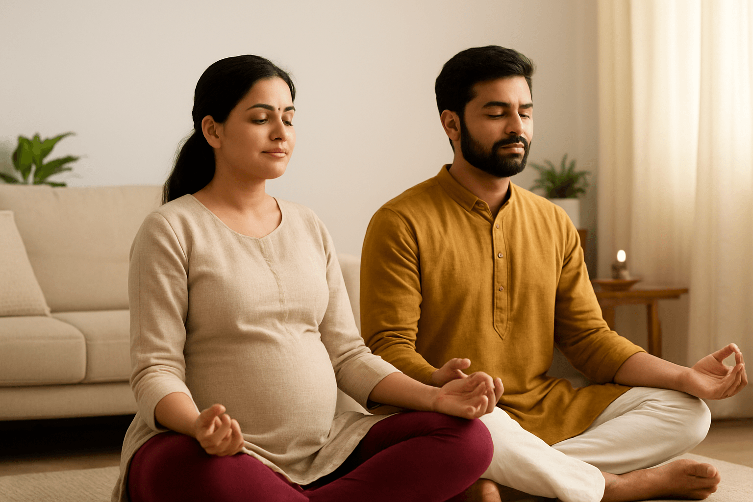 Indian couple meditating together at home representing partner’s role in Garbh Sanskar during pregnancy – Dr. Shital Bankar Pune