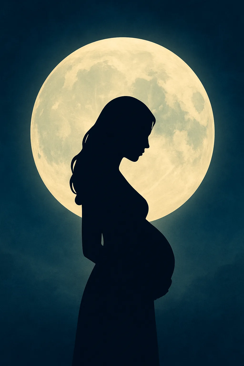 Pregnant mother standing peacefully under soft full moonlight, gently connecting with her baby — Garbh Sanskar meditation and bonding.