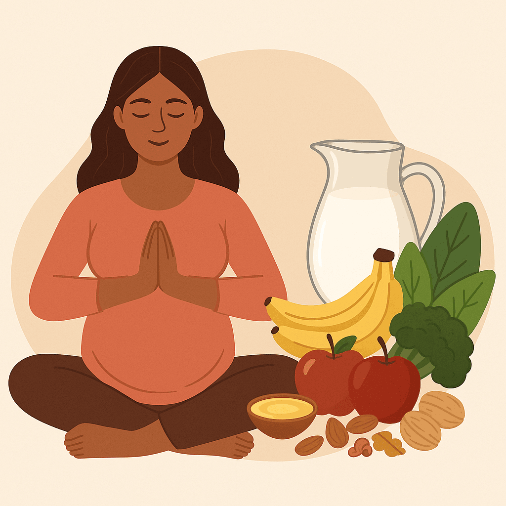 Pregnant woman practicing Garbh Sanskar at home through a balanced sattvic diet with fresh fruits and ghee