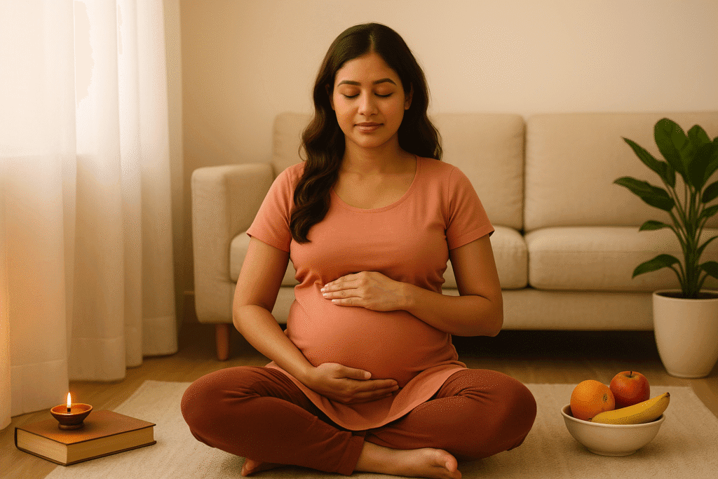 Illustration of a pregnant woman practicing Garbh Sanskar at home through meditation, reading, and mindfulness.