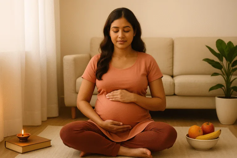 Pregnant woman practicing Garbh Sanskar at home