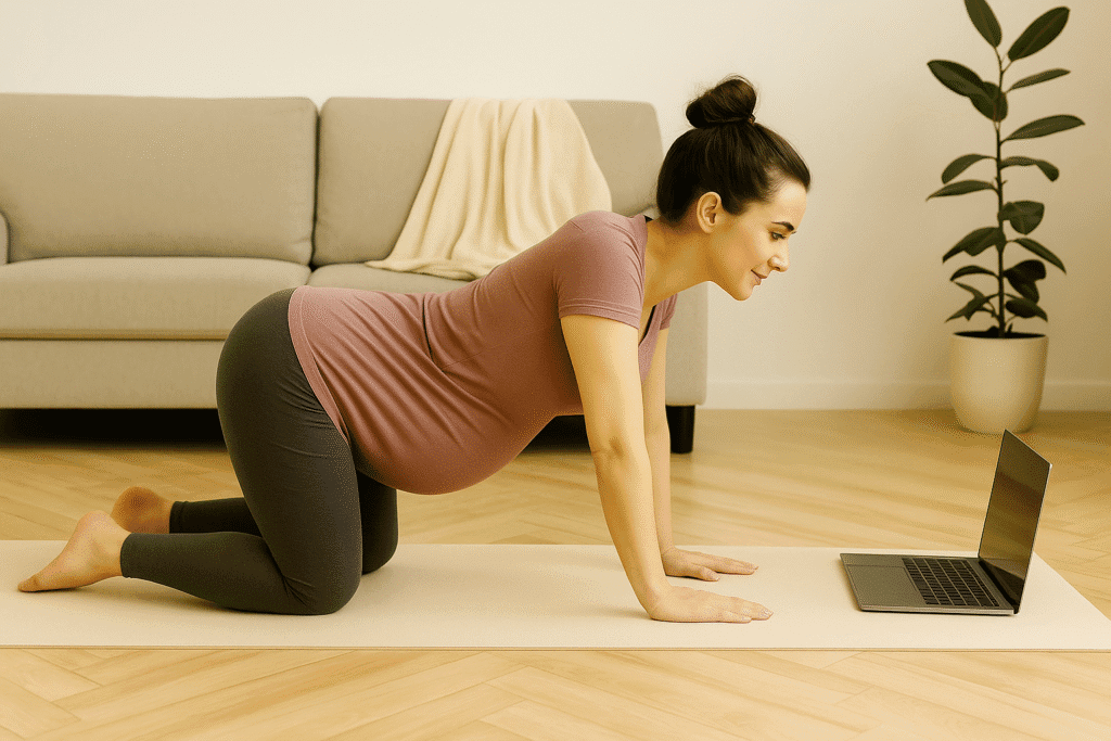 pregnant woman practicing table top pose at home during online pregnancy yoga classes