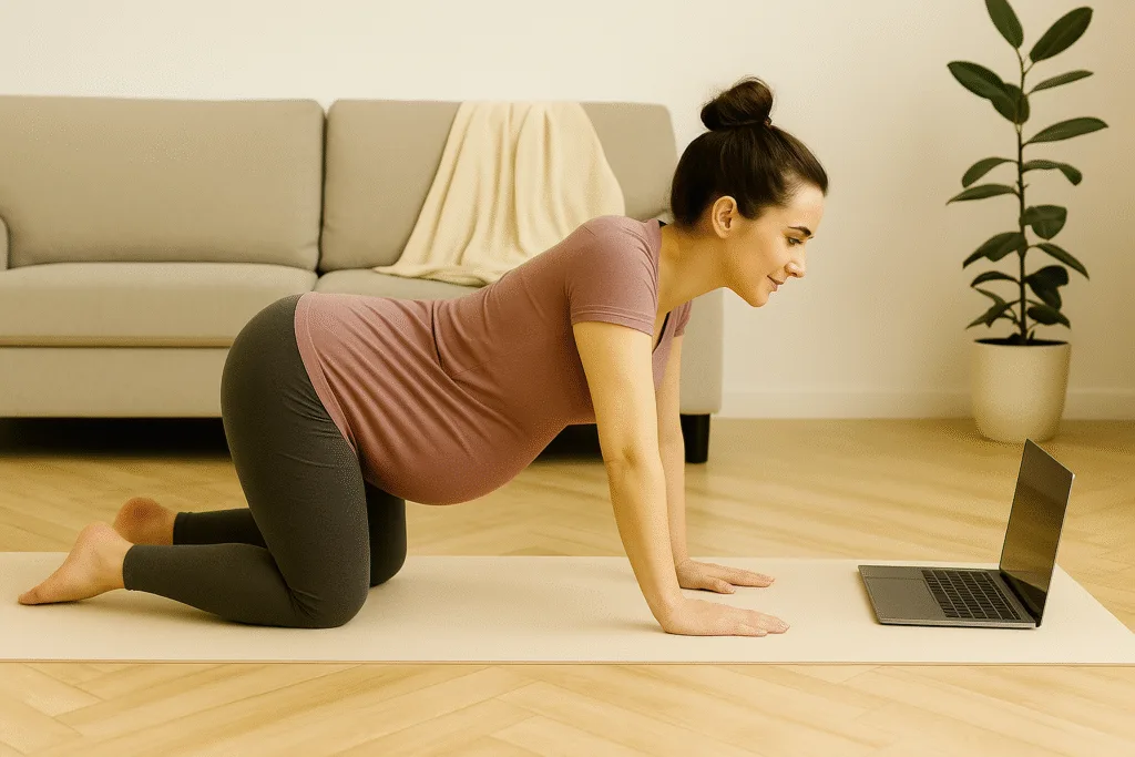 Pregnant woman in tabletop pose during safe online pregnancy yoga classes