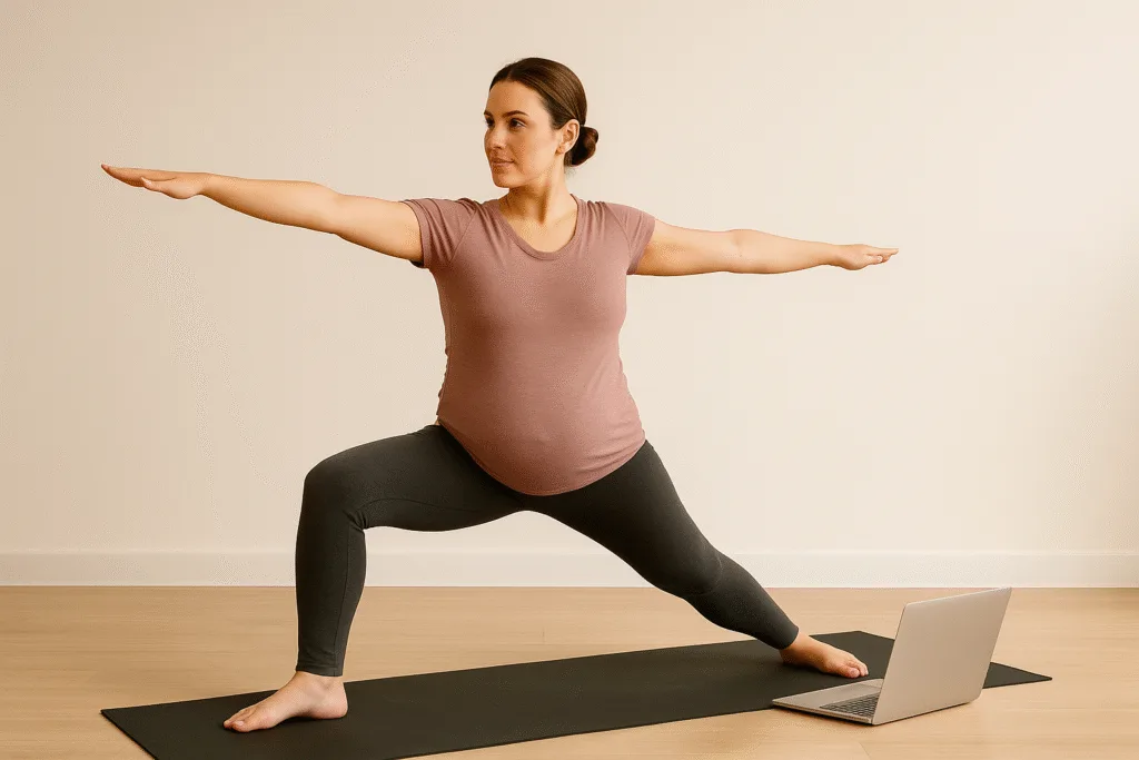 Pregnant woman practicing warrior pose in prenatal yoga online classes India