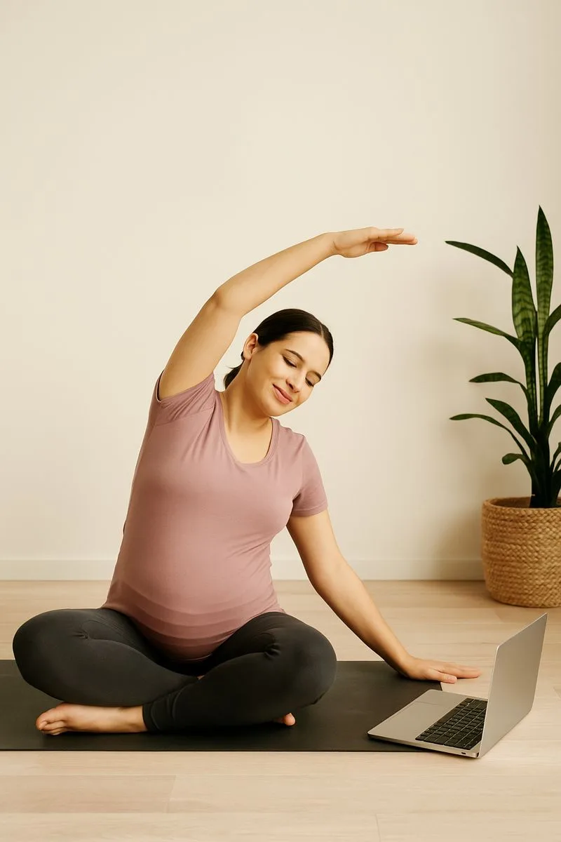 Expecting mother doing side stretch in live online pregnancy yoga session from home