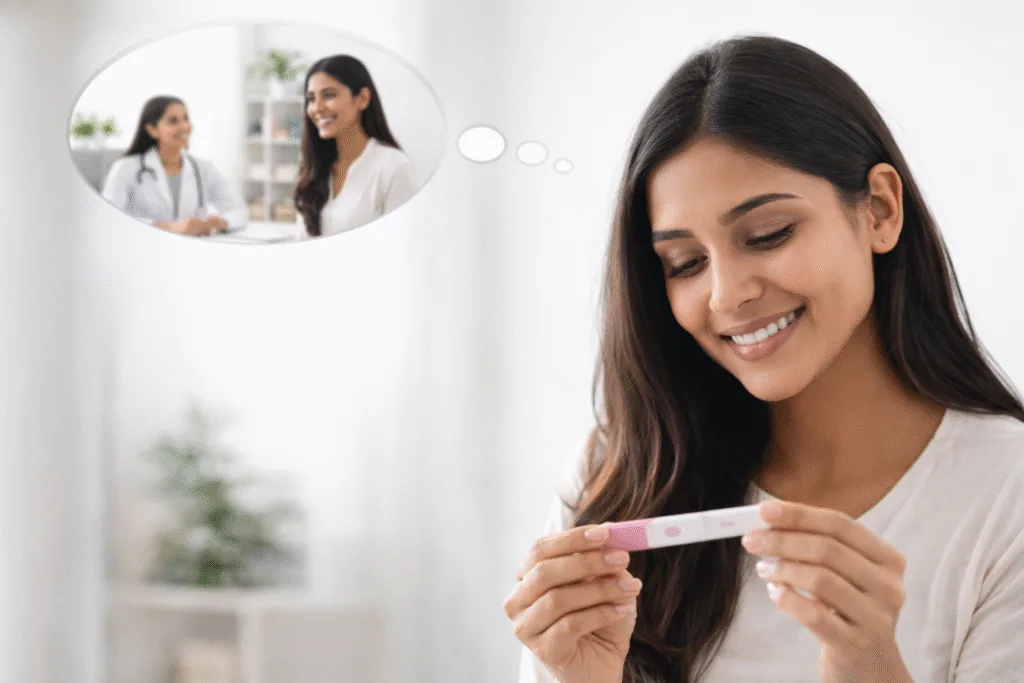 Woman holding a positive pregnancy test and smiling, with a doctor consultation shown in the background