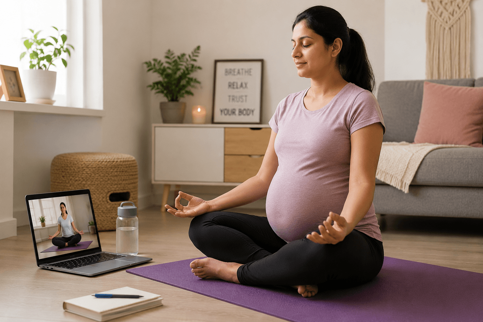 Pregnant woman attending live doctor-guided online pregnancy yoga meditation session from home