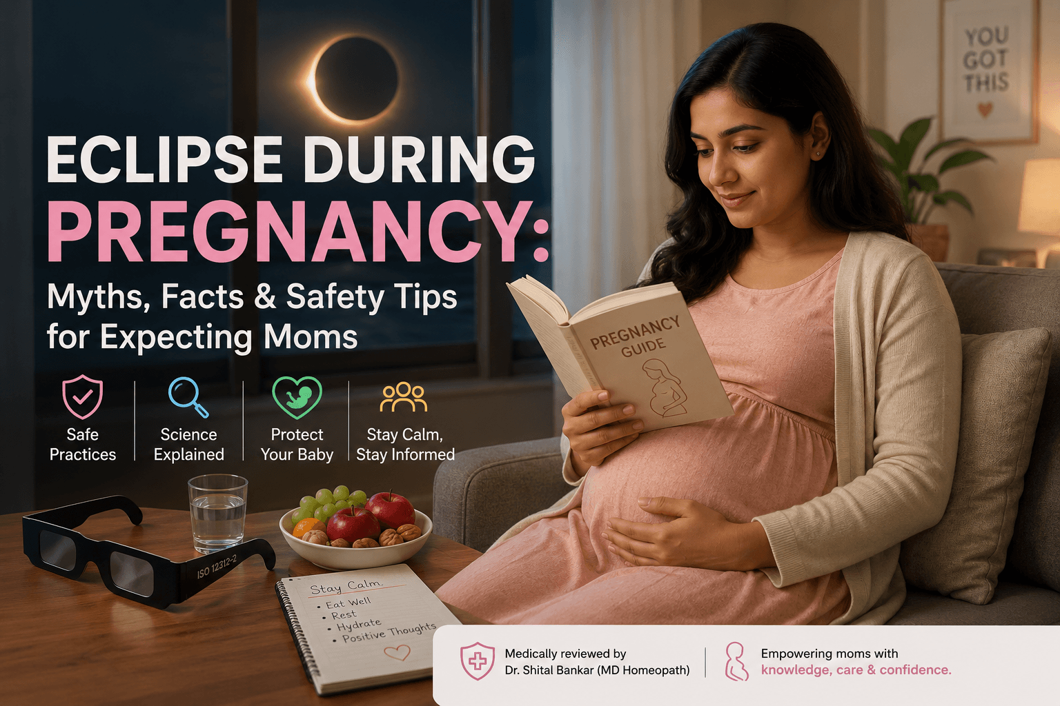 Eclipse during pregnancy safety guide showing a pregnant woman with evidence-based guidance on solar and lunar eclipses during pregnancy
