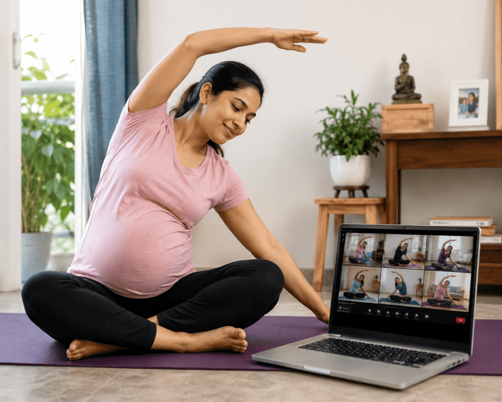 Pregnant woman practicing prenatal yoga at home during a live online pregnancy yoga class