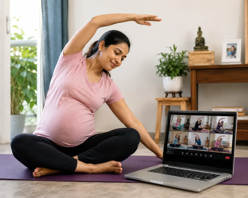 Pregnant woman practicing prenatal yoga at home during a live online pregnancy yoga class