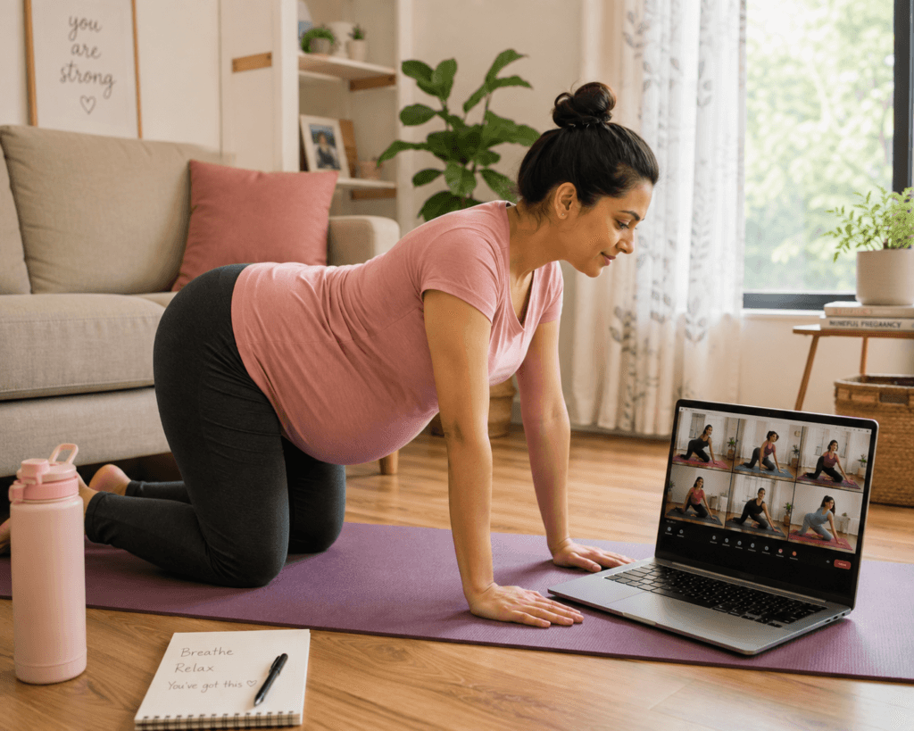 Benefits of pregnancy yoga classes online – prenatal tabletop pose session Pregnant woman practicing a supported tabletop position during a live online prenatal yoga class