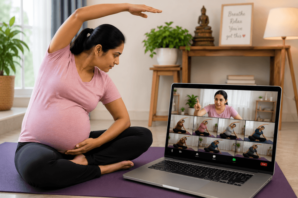 Dr. Shital guiding pregnant women during a live online prenatal yoga class with real-time posture correction