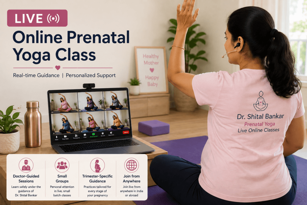 Pregnancy yoga classes online – prenatal Warrior II pose at home Dr. Shital Bankar leading a live online pregnancy yoga classes